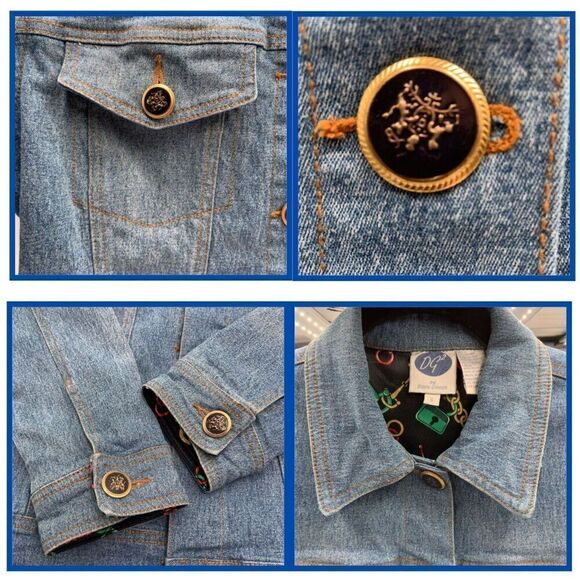 DG2 by Diane Gilman Light Blue Silky Chain Print Lining Denim‎ Jacket Size Small - Picture 8 of 9